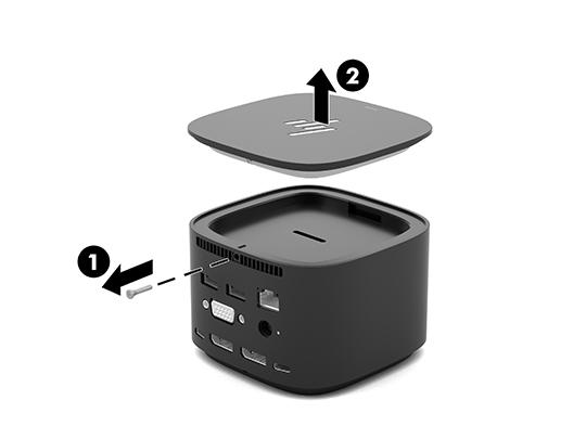 Installing the audio module 1. Remove the screw from the rear of the top panel of the docking station (1), and then remove the top panel of the docking station (2). 2.