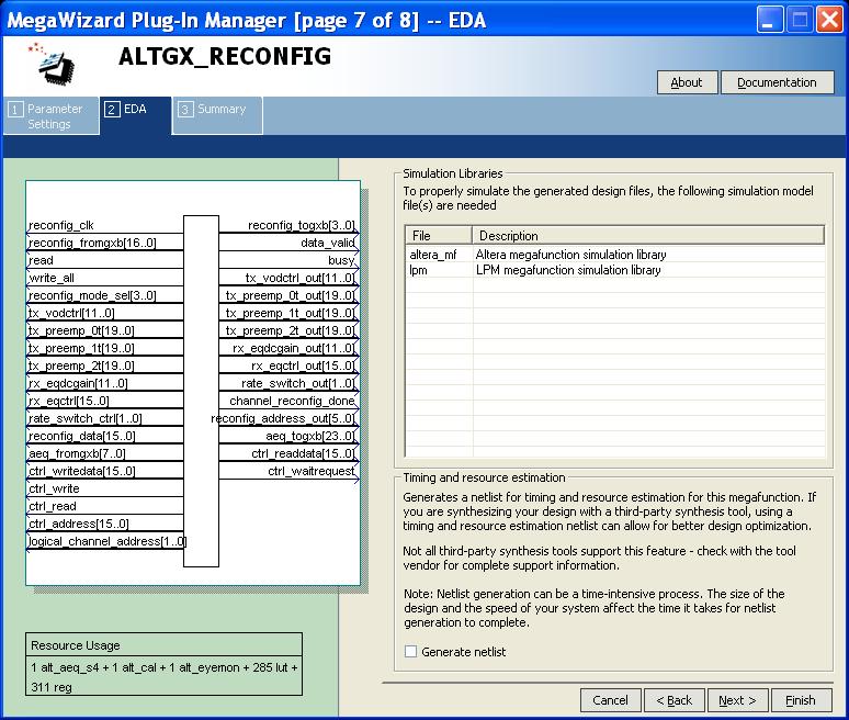 Chapter 3: ALTGX_RECONFIG IP Core User Guide for Stratix IV Devices 3 13 Figure 3 8 shows page 7 (the Simulation Libraries page) of the MegaWizard Plug-In Manager, which is used for dynamic