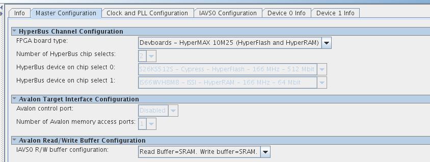 In the "Master Configuration" tab To configure the project to use both HyperFlash and HyperRAM on the HyperMAX board: The FPGA
