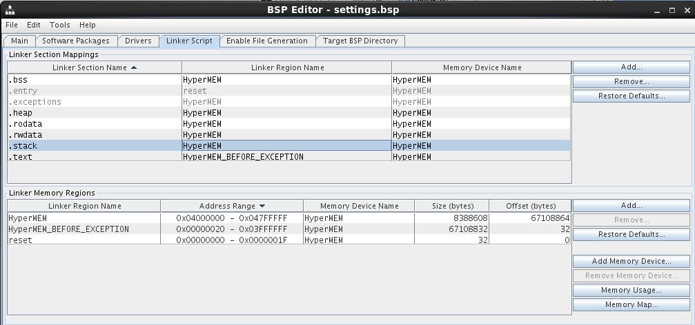 In the Linker Script Tab of the BSP editor, we need to partition the HyperBus Memory Controller address space into HyperFlash and HyperRAM memory blocks.