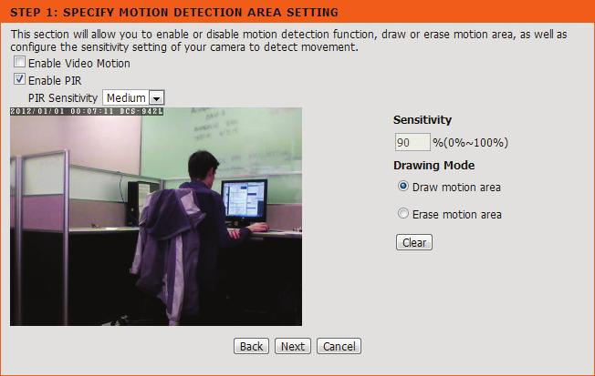 Enabling the Video Motion option will allow your camera to use the motion detection feature. You may draw a finite motion area that will be used for monitoring in a selected area.