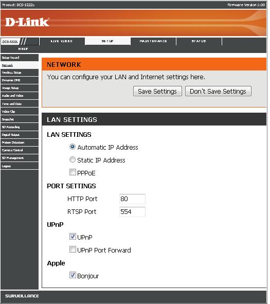 Section 5 - Security The Setup > Network page displays the port settings for your camera.
