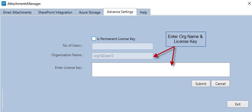 7. Go to Advance Settings tab as highlighted in the above image. 8. Enter Organization Name (Unique Name) and license key, and click Submit.