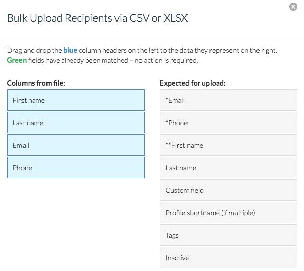 Invites Adding Recipients in Bulk To add a bulk list of customers you will need to create a Microsoft Excel spreadsheet with the recipients contact information.. click on Upload CSV/XLSX.