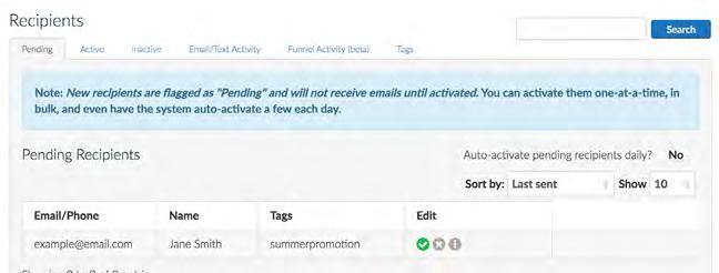 Invites Pending, Active and Inactive Recipients Under Pending, you can see the customers details you have uploaded that are not yet receiving any review