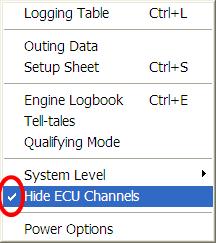 Configuration Hide ECU Channels If you are using your logger without an ECU interface you can use the Hide ECU Channels menu option.
