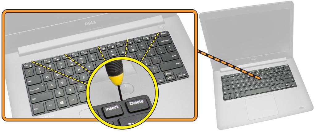 4. Perform the following steps as shown in the illustration: a. Lift the keyboard from the computer [1]. b. Flip the keyboard to access the keyboard cable [2]. 5.