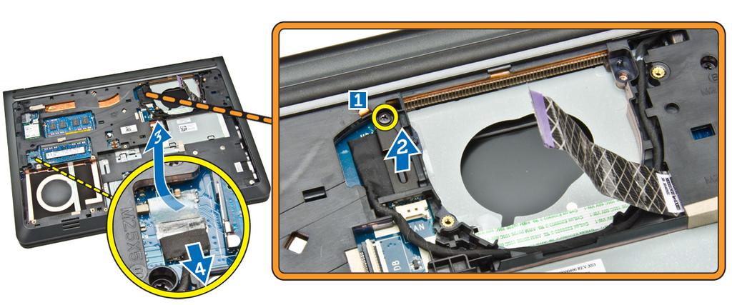 Lift the tab that secures the display cable to the computer [2]. c. Peel the tape that secures the hard drive connector [3].