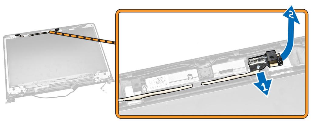 c. display bezel 3. Perform the following steps as shown in the illustration: a. Disconnect the camera cable from the connector on the camera module [1]. b. Lift and remove the camera from the display assembly [2].