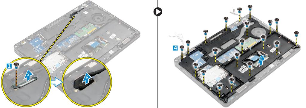 a. Remove the screw and lift the metal bracket [1,2]. b. Disconnect the edp cable [3]. c. Remove the screws that secure the dock frame to the computer [4]. d. Lift the dock frame from the computer [5].