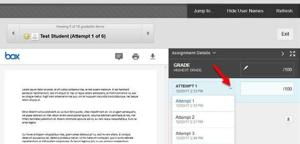 After you complete grading the attempts, the last attempt's grade appears in the cell by default.