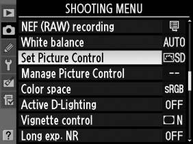 settings. Nikon Picture Controls Q Standard Standard processing for balanced results.