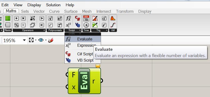 Choose Maths tag > Script panel > Evaluate, or double click the Canvas, type eval to activate the Evaluation component; 2. Zoom in to be able to remove the Y index parameter away from the component.