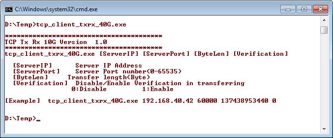 4.2 tcp_client_txrx_40g for full duplex test Figure 4-2 tcp_client_txrx_40g application usage tcp_client_txrx_40g application is designed to run on PC for sending and receiving TCP data through