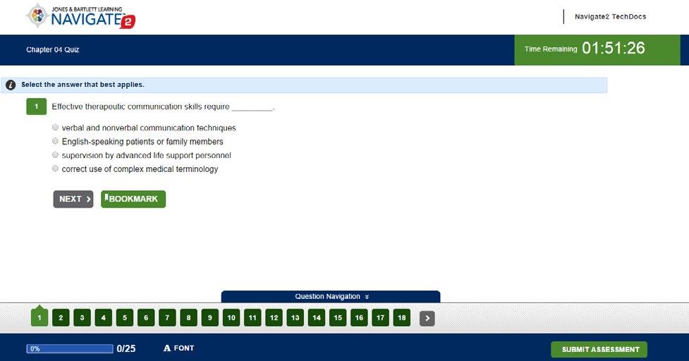 A Navigate 2 quiz screen includes some or all of the following elements: Time Remaining Indicator As an instructor, you can set a time limit for the quiz or exam.