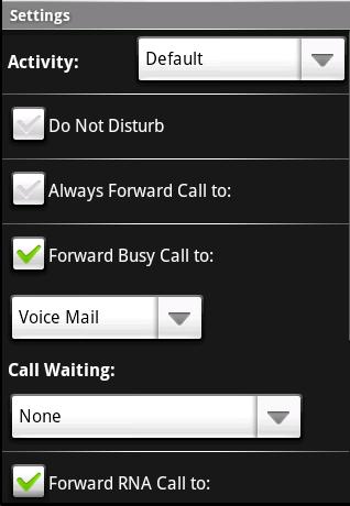 Here you can set your activity status and the way you want calls handled. When you select a Down arrow, a list pops up. Select an option from the list, and the list closes.