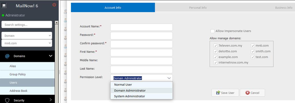 1 Add New User To add new users under Domain setting level, there is a new option to assign permission level to the