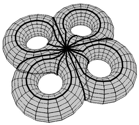 A B Fig. 24. (A) A 3D region whose surface is a torus with 4 holes. (B) The minimal corresponding subdivision (1 face, 8 edges and 1 vertex) which is impossible to represent in the intervoxel matrix.