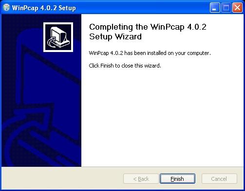 computer, the "Completing the WinPcap 4.0.2 Setup Wizard" screen appears.