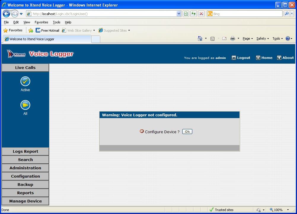The device configuration is carried out from the browser interface. Goto Start > Programs > Xtend Voice Logger 3.0 > Login.