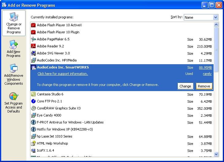 7. Uninstallation 7.1 Uninstallation of AudioCodes Inc. SmartWORKS: Step 1. From Windows, click on the "Start" menu, select "Control Panel" then double-click on the "Add or Remove Programs" icon.