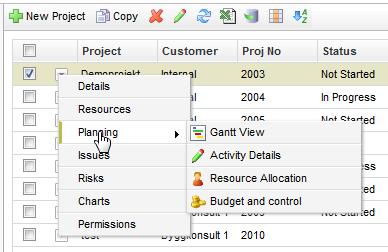 Context menu From the context menu it is possible to navigate directly to the project tabs. Context menu Please note that Projects with time reported cannot be deleted.