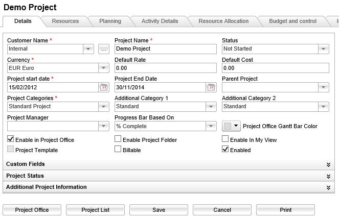 Non-displayed fields and functions are not displayed in the following places: Project details Project history Project list filter/column selection/sorting Project office filter/column