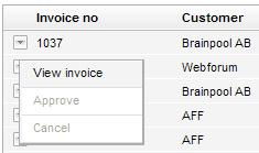 The simple search function performs a free text search on invoice number, customer name and project name.