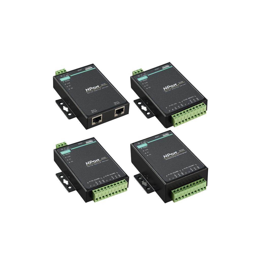 NPort 5200 Series 2-port RS-232/422/485 serial device servers Features and Benefits Compact design for easy installation Socket modes: TCP server, TCP client, UDP Easy-to-use Windows utility for