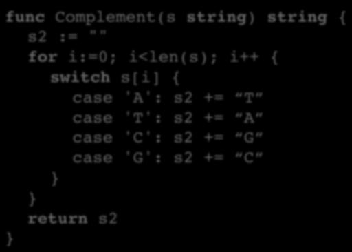 Reverse Complementing a String func Complement(s string) string { s2 := "" for i:=0; i<len(s); i++ { switch s[i] { case 'A':