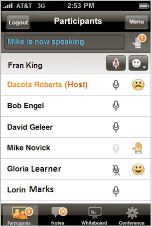 After starting the conference you can invite others by email and phone directly from the AT&T Connect Mobile Application. For more information, see Use the Participants Menu.