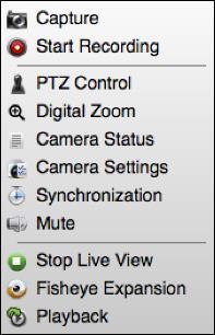 On the Main View page, the following toolbar buttons are available: Layout Set the window division. Stop Stop the live view of all cameras. Snapshot Capture the current image of the camera.