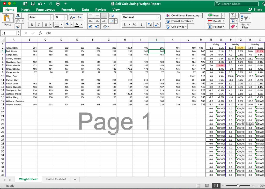 This is how your sheet should now look. The right 6 columns will automatically calculate weight changes for 30, 90, and 180 days in pounds and percent.
