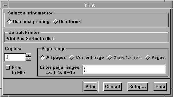 Routing Output 4 Printing from Text Windows 129 Display 6.1 Print Dialog Box To use forms for printing, select Use forms. SAS prompts you to enter a spool command and the name of your system printer.