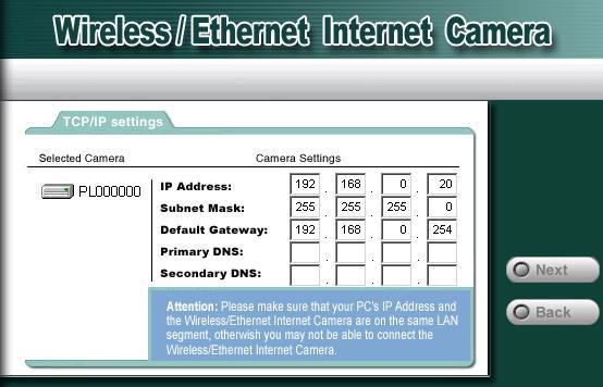 Enter the desired network settings: IP Address, Subnet Mask, Default Gateway, Primary DNS and Secondary