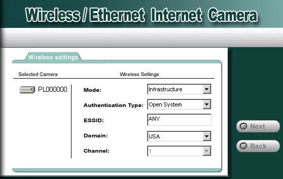 This screen allows you to configure wireless settings: Mode, Authentication Type, ESSID, Domain, and
