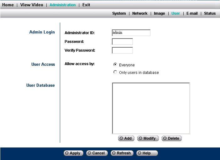 User Admin Login: These fields are used for entering the Administrator ID along with the password to access the Administration settings.