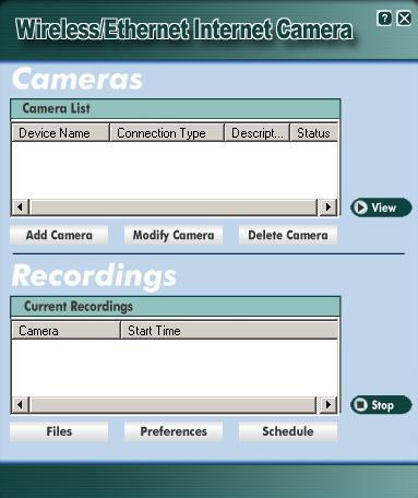 The Camera List displays all available ICA-102 series you have defined. The Current Recordings lists scheduled recording activity in progress.