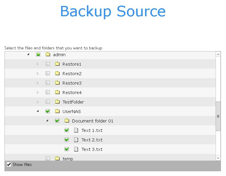 5. Click the Show files checkbox if you want to select individual file(s) for backup. Note: AhsayOBM can only back up files or folders displayed under the File Station on the DiskStation Manager.