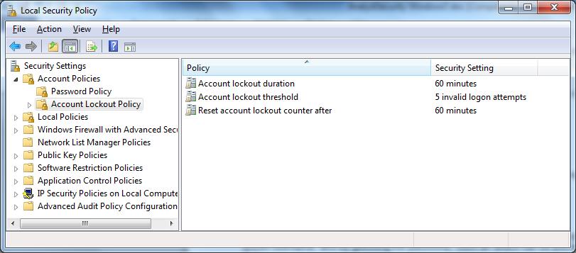Managing Security for the Analyst Software on Stand-alone Windows 7 Workstations 6 Account Lockout Duration Figure 3: Account Lockout Policy The Account Lockout Duration setting determines the length