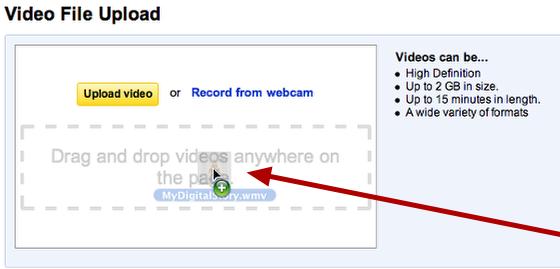 Drag Your File to the Page This will take you to the Video File Upload page, where you can simply drag your finished digital story to the box shown to start the upload.