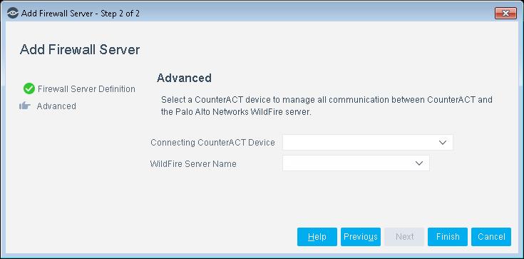Configure the following settings: Connecting CounterACT Device The IP address of the CounterACT device to communicate with the Firewall server.