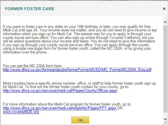Clicking links on the Apply for Benefits Get Help With Costs page allows the user to view popups with information about applications for Former Foster Care youth, applying for an infant under the age