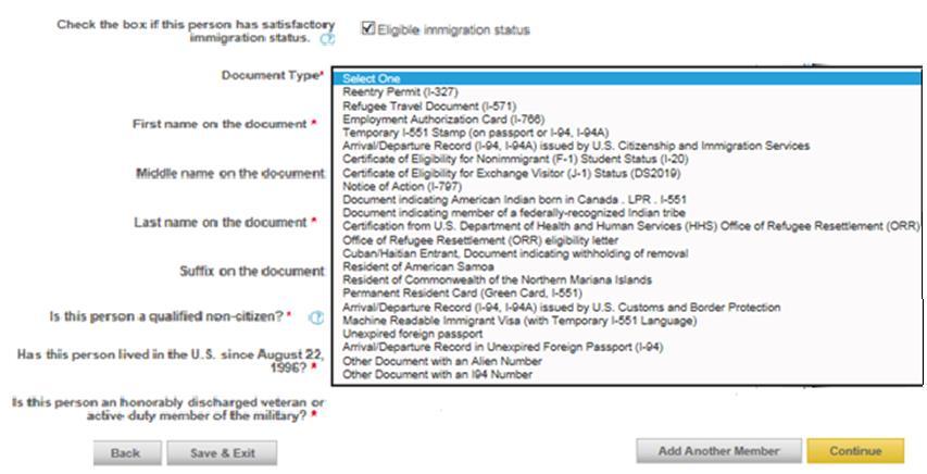 bottom of the Household Members page allows the user to proceed to the next page of the application If the Eligible immigration status checkbox is checked, additional fields appear, such as the