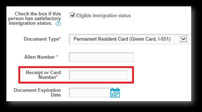 If the Country of Issuance is a required field, Passport Number is also a required field. The Card Number field is now labeled Receipt or Card Number.