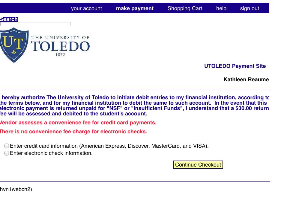 9. Choose whether student is paying by credit card or by check (using routing and account number of checking account)