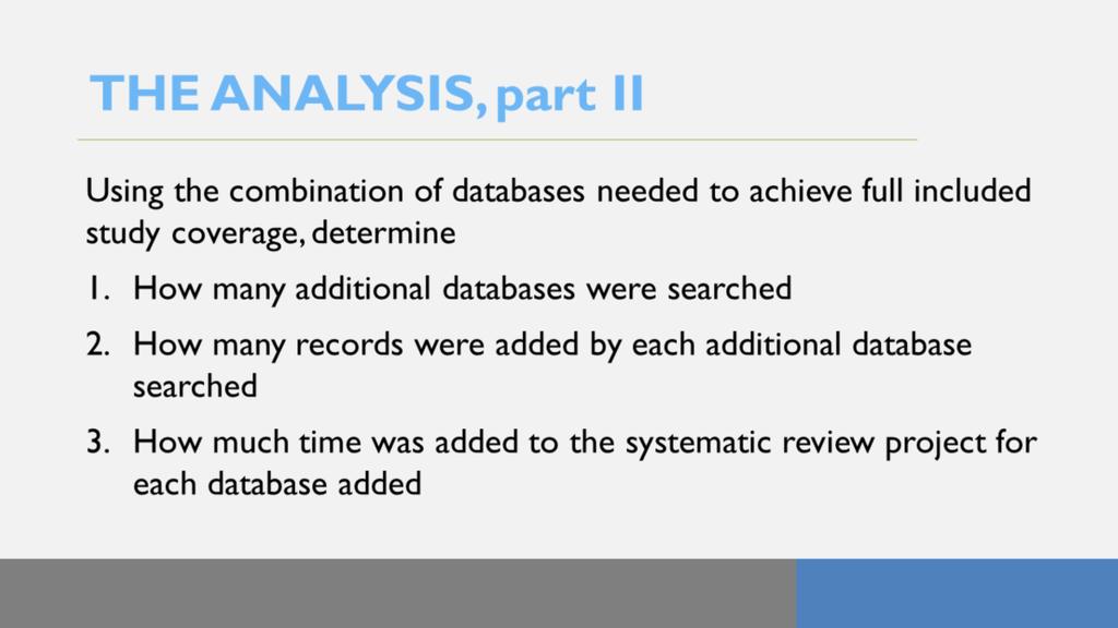 So, now that we ve determined the overall database coverage for each systematic review, what about those extra databases that most of our included SRs searched?