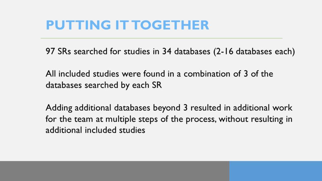 Overall, we found that adding additional databases to your literature searches adds records and work to your systematic review without adding additional unique included studies.