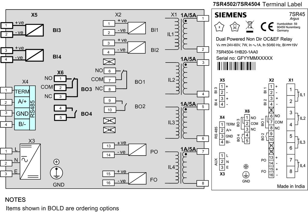 Technical Documentation Connection Diagrams 7SR4504 Terminal/Wiring Diagram 4.1 [lo_7sr4504 terminal label/wiring diagram, 1, en_us] Figure 4.