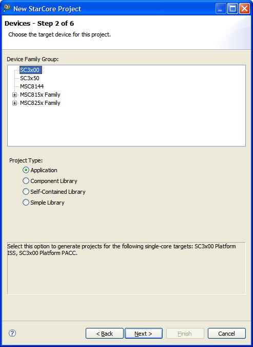 e. Click Next the Devices page appears. f. Select the SC3x00 option in the Device Family Group. g. Select the Application option from Project Type.
